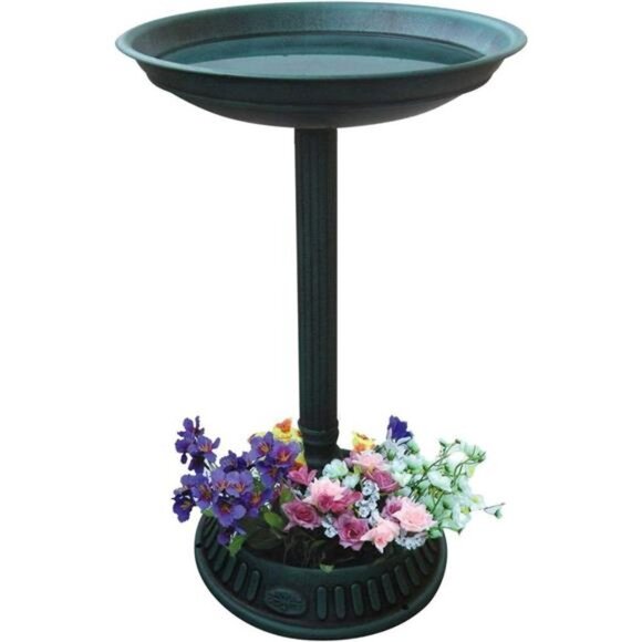 Plastic Outdoor Decor for Garden, Patio, Deck, Porch-Green Birdbath with Planter - Picture 2 of 4